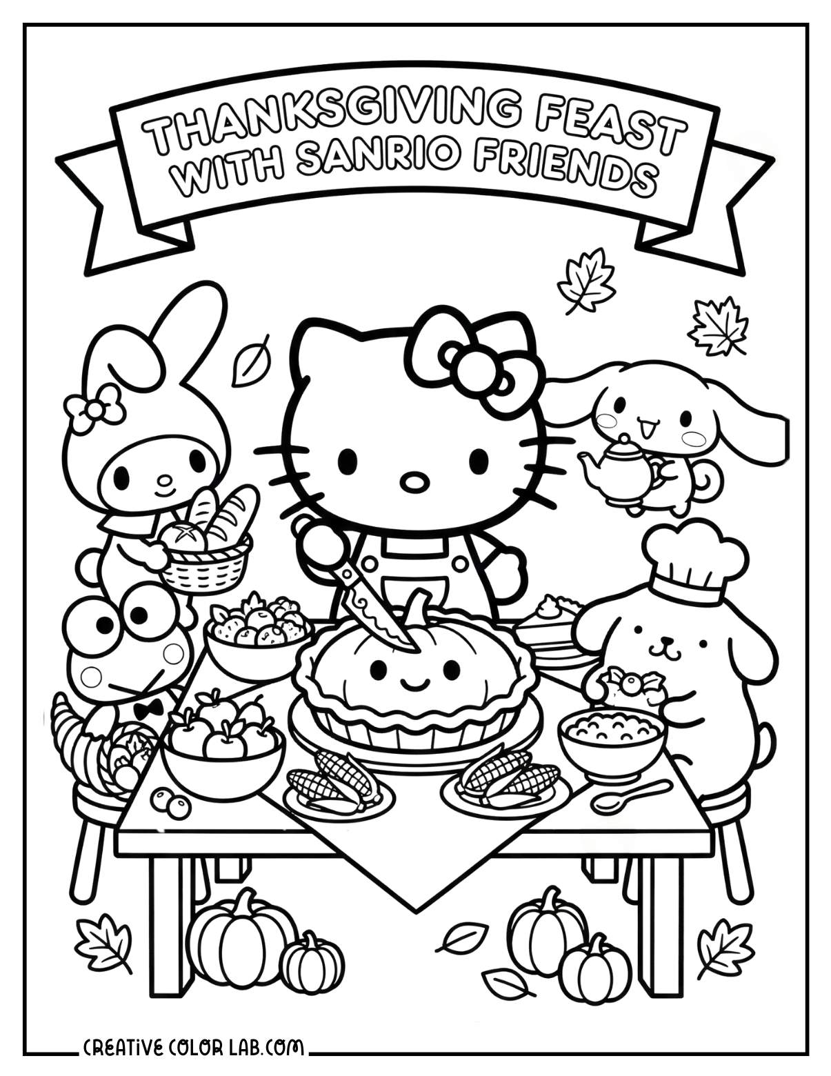 Hello kitty thanksgiving with Sanrio friends coloring sheet.