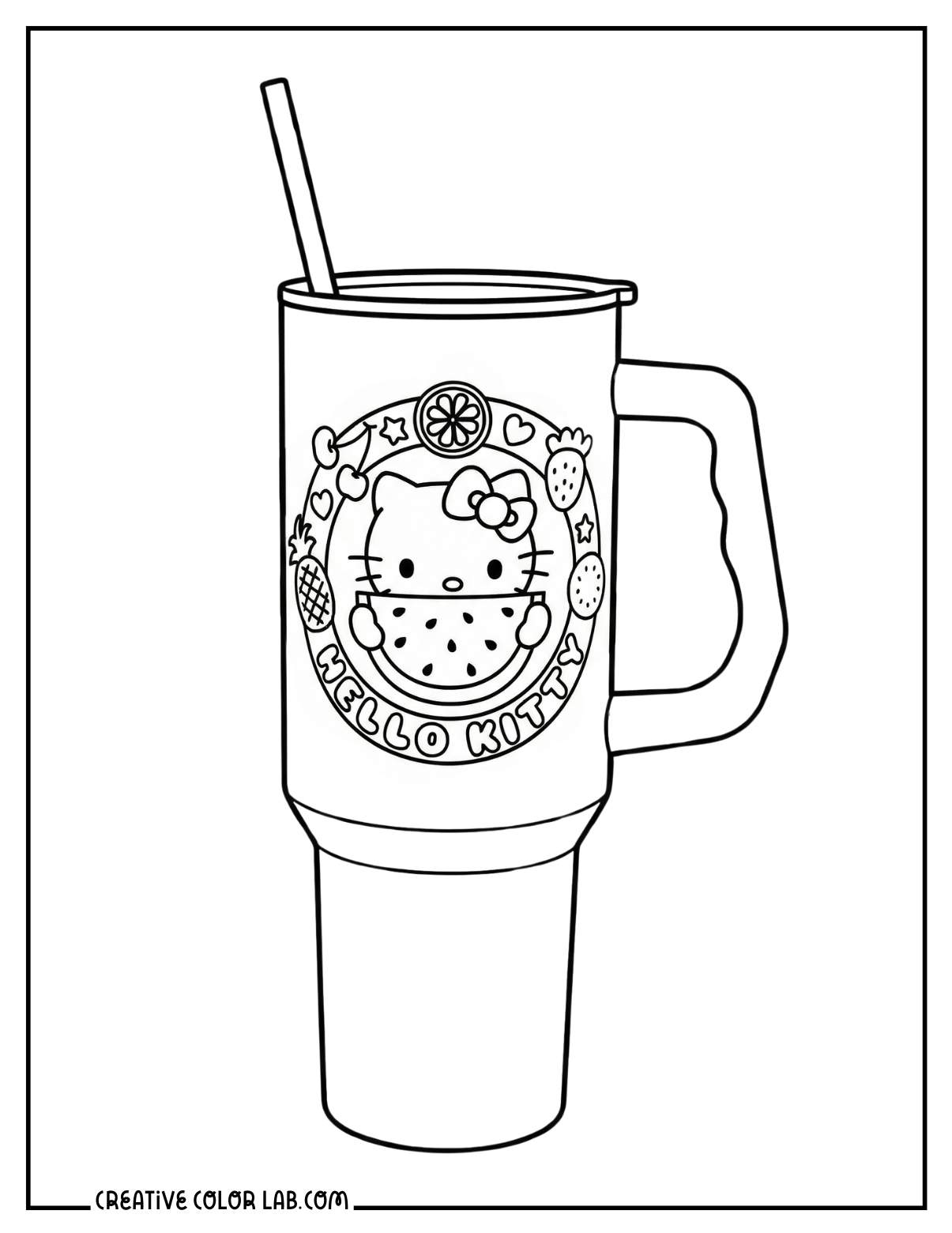 A Hello Kitty tumbler coloring sheet.