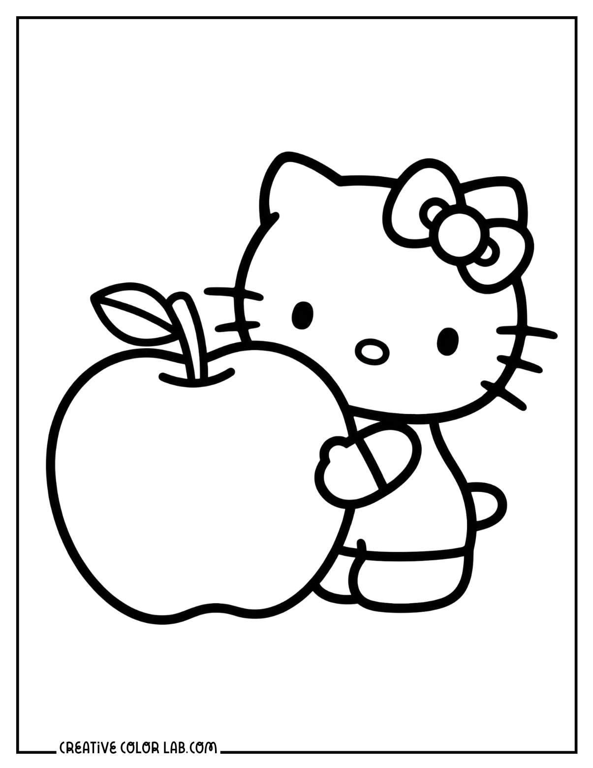 Hello kitty with big apple picture to color for kids.