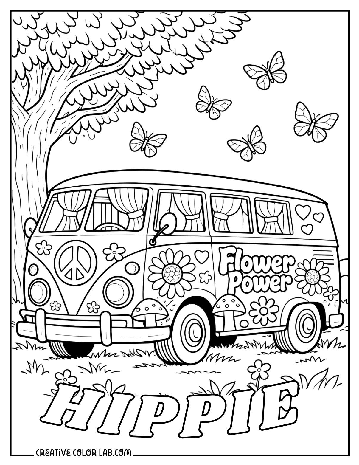 A hippie bus with flower power aesthetic coloring page.