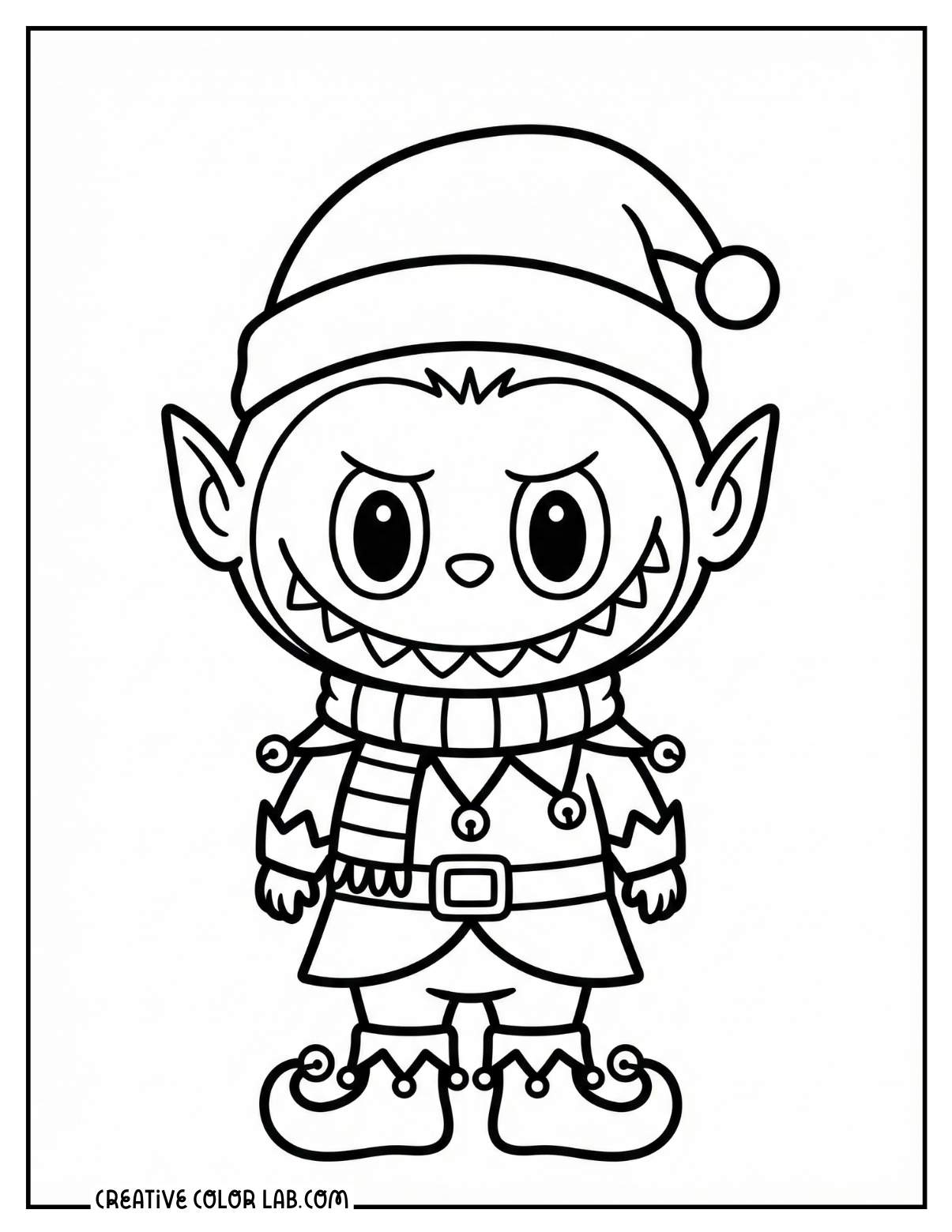A holiday elf labubu coloring page.