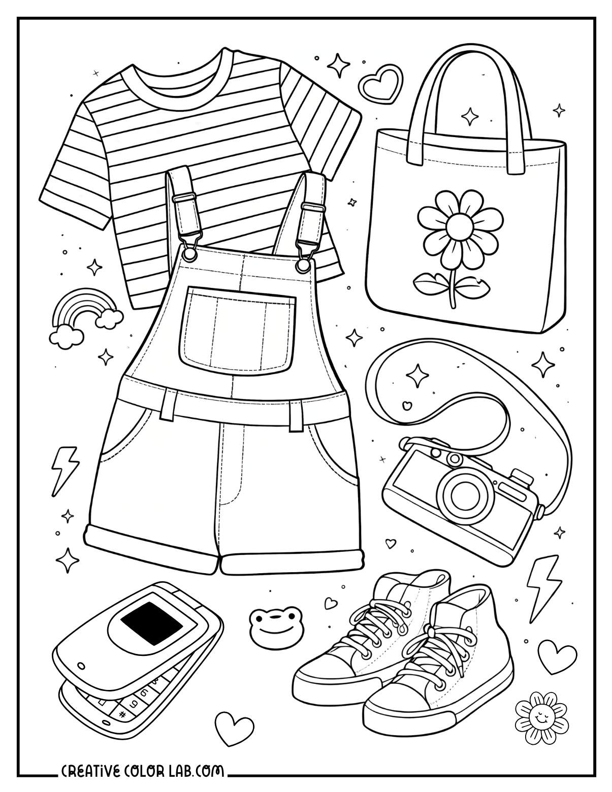 Indie kid outfit flat lay line art to color in.
