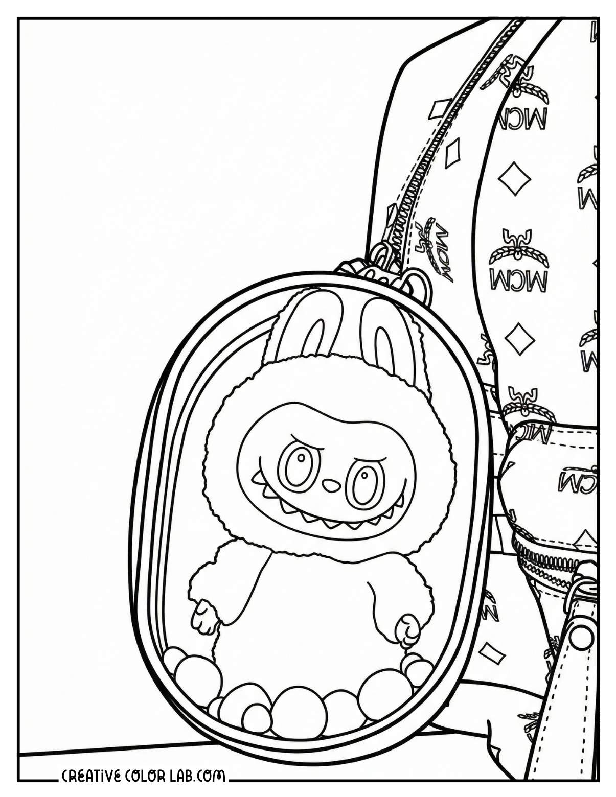 A Labubu inside a clear pouch hanging on a bag picture to color.