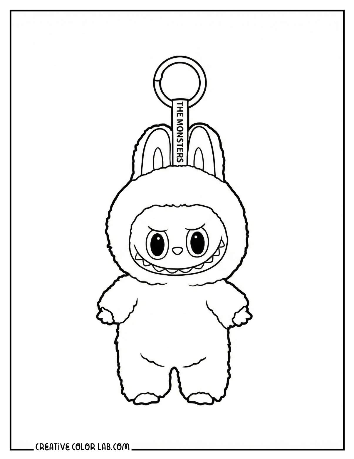 A Labubu plush keyring figure line art to color in.