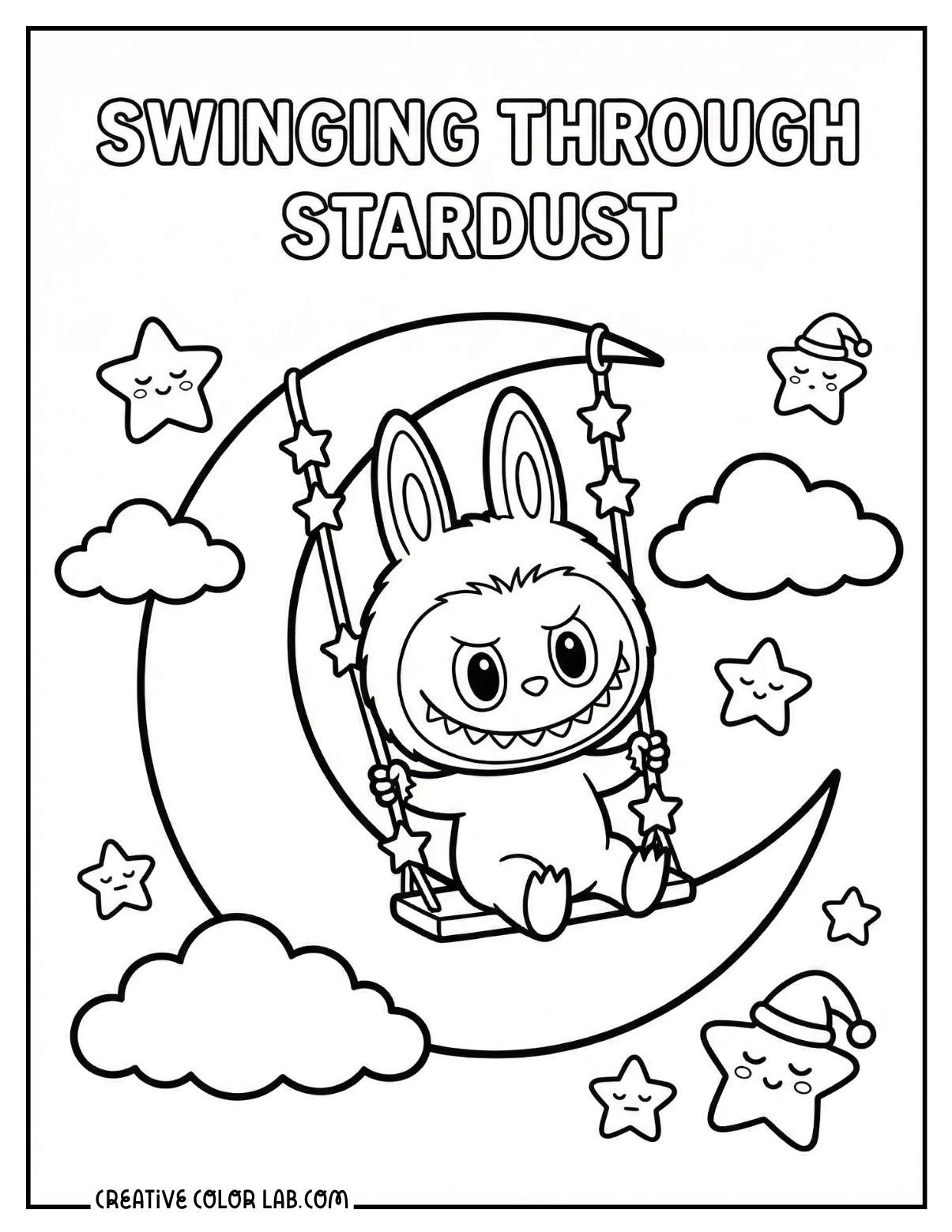 A Labubu swinging on the moon image to color.