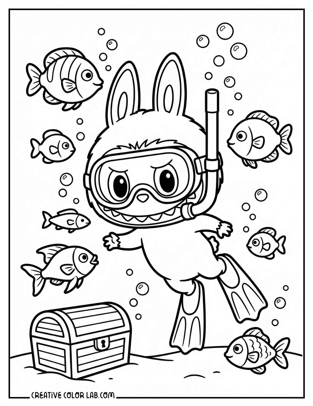 A Labubu snorkelling underwater with fishes coloring sheet.