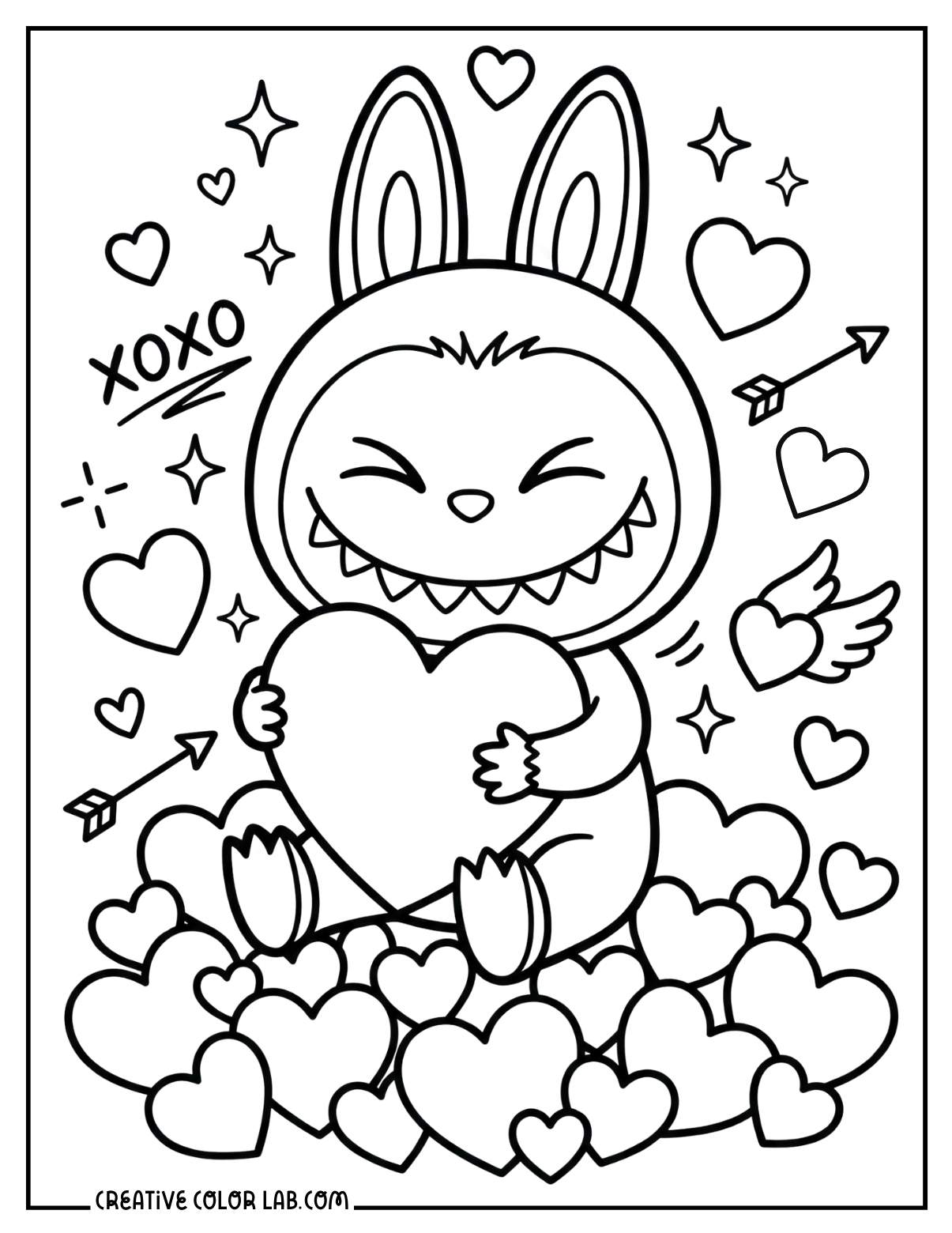 Labubu with heart doodles coloring page.