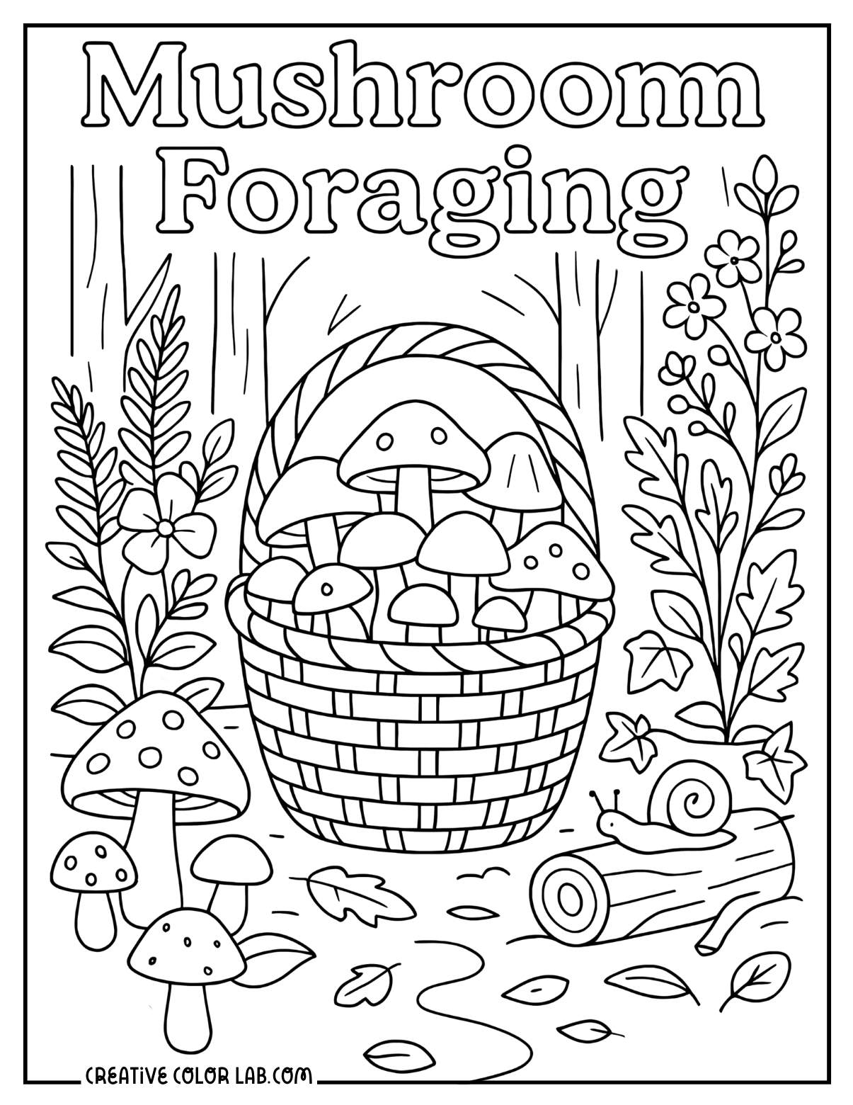 Mushroom foraging botanical garden coloring page.