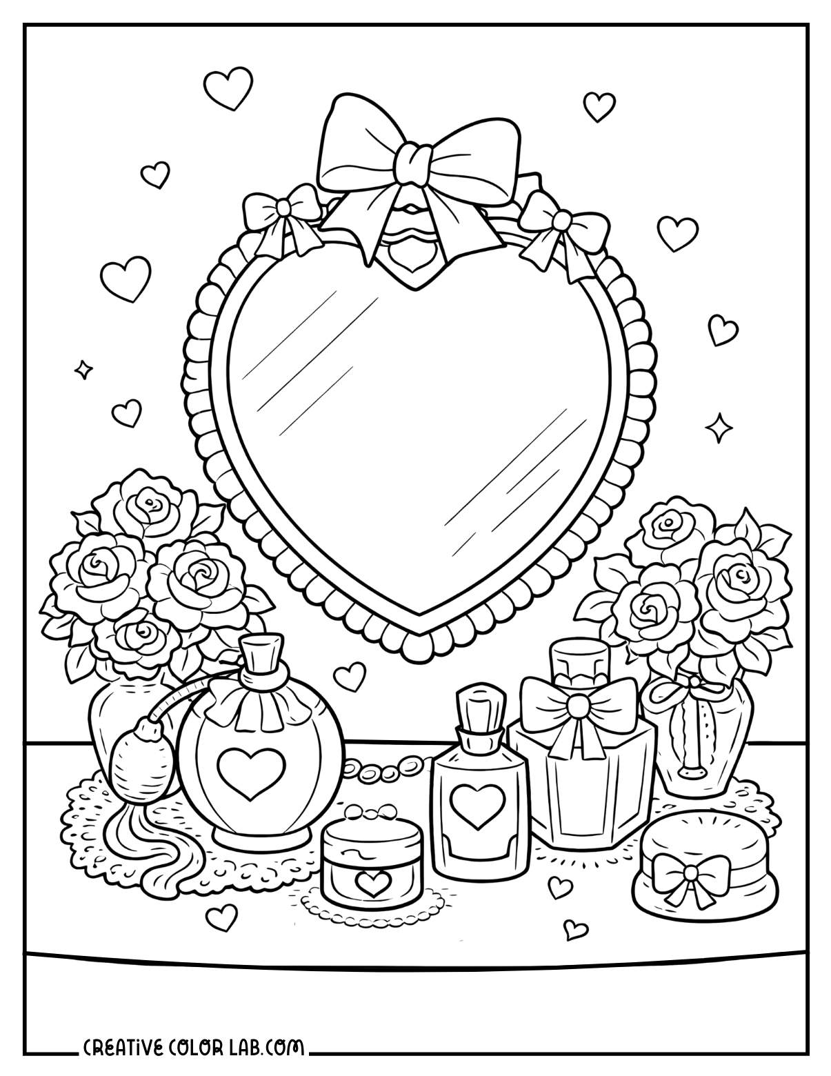 A coquette heart vanity mirror with perfume bottles line art to color in.