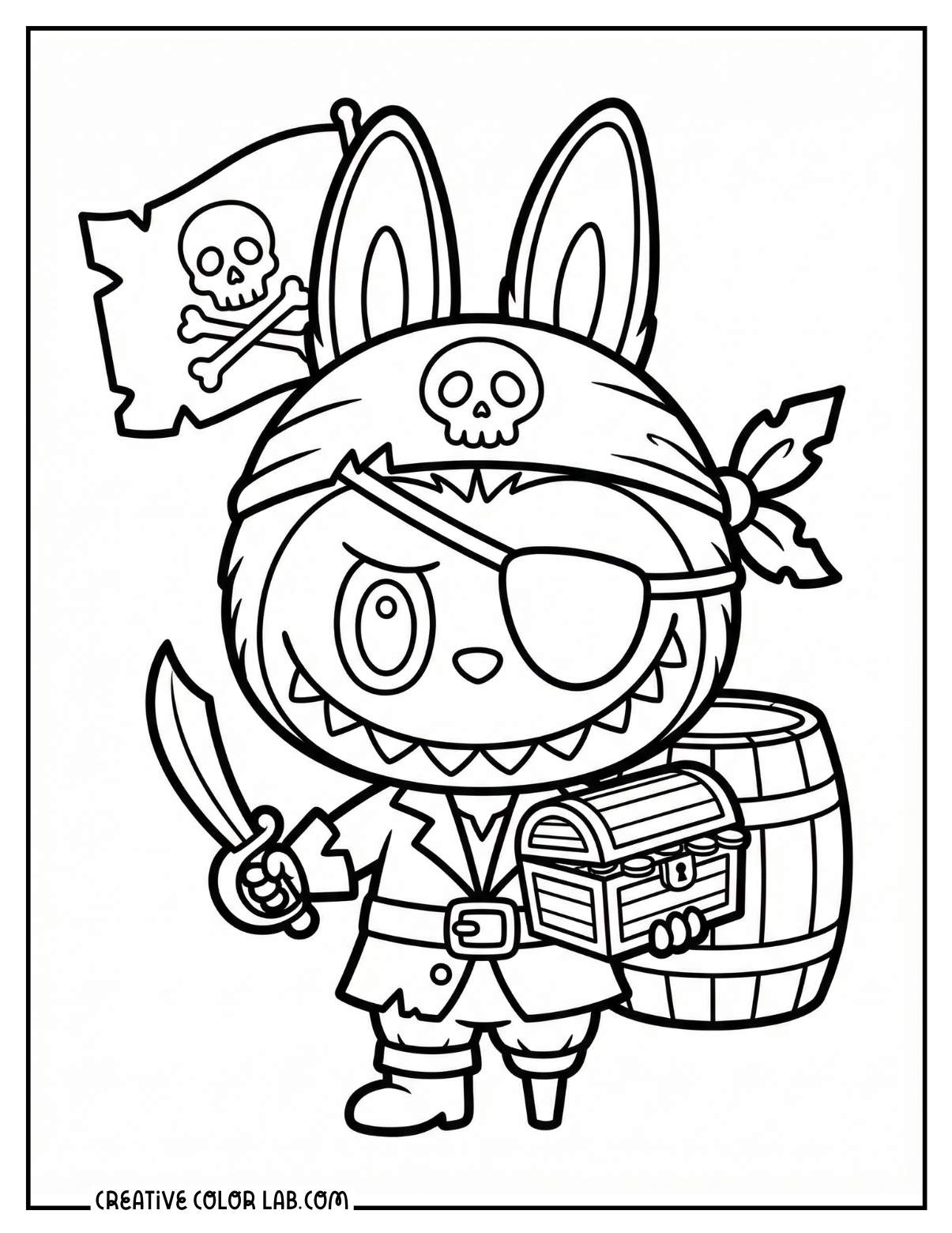 A pirate Labubu holding a treasure chest coloring page.