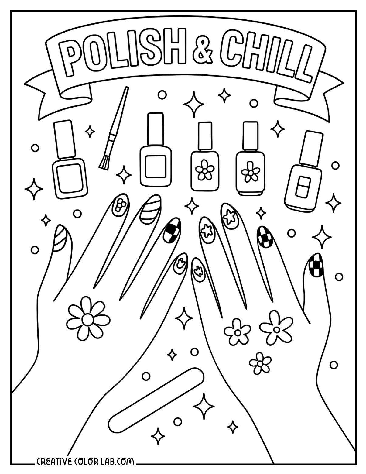 A pair of hands with nail polish and nail art image to color.