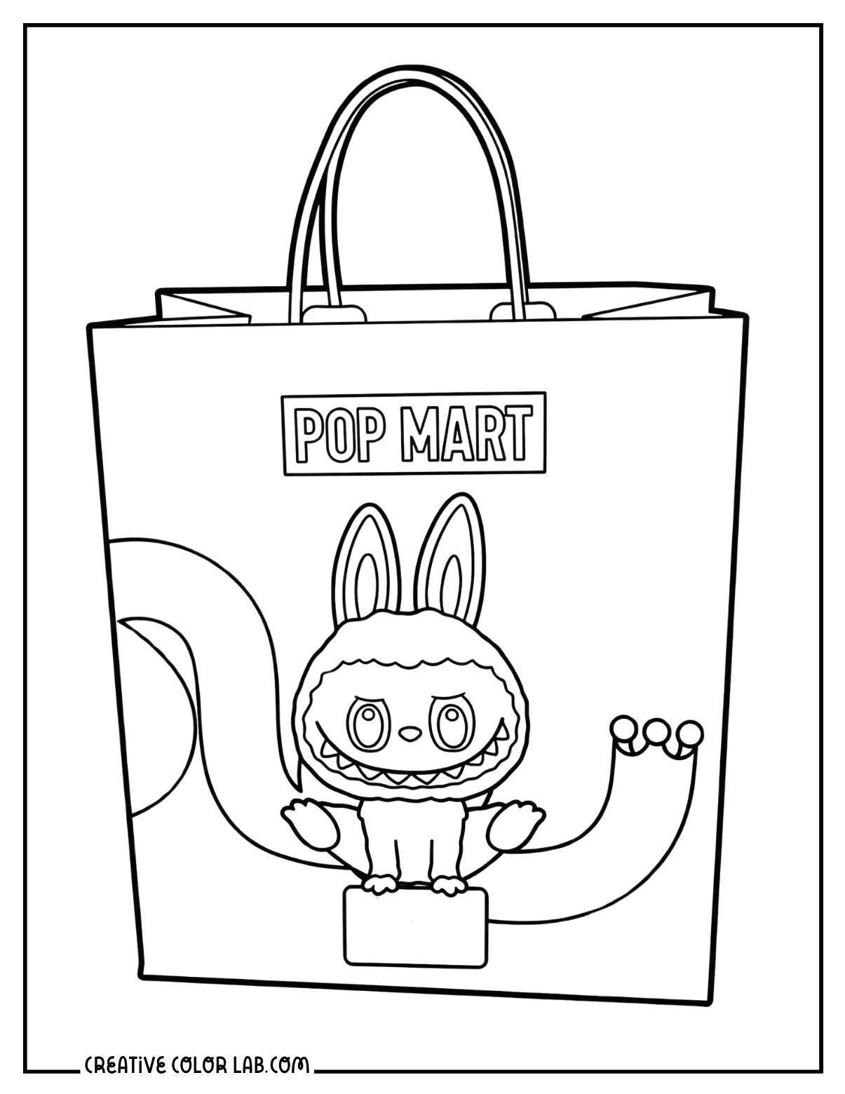 A Popmart shopping bag with Labubu line art to color in.