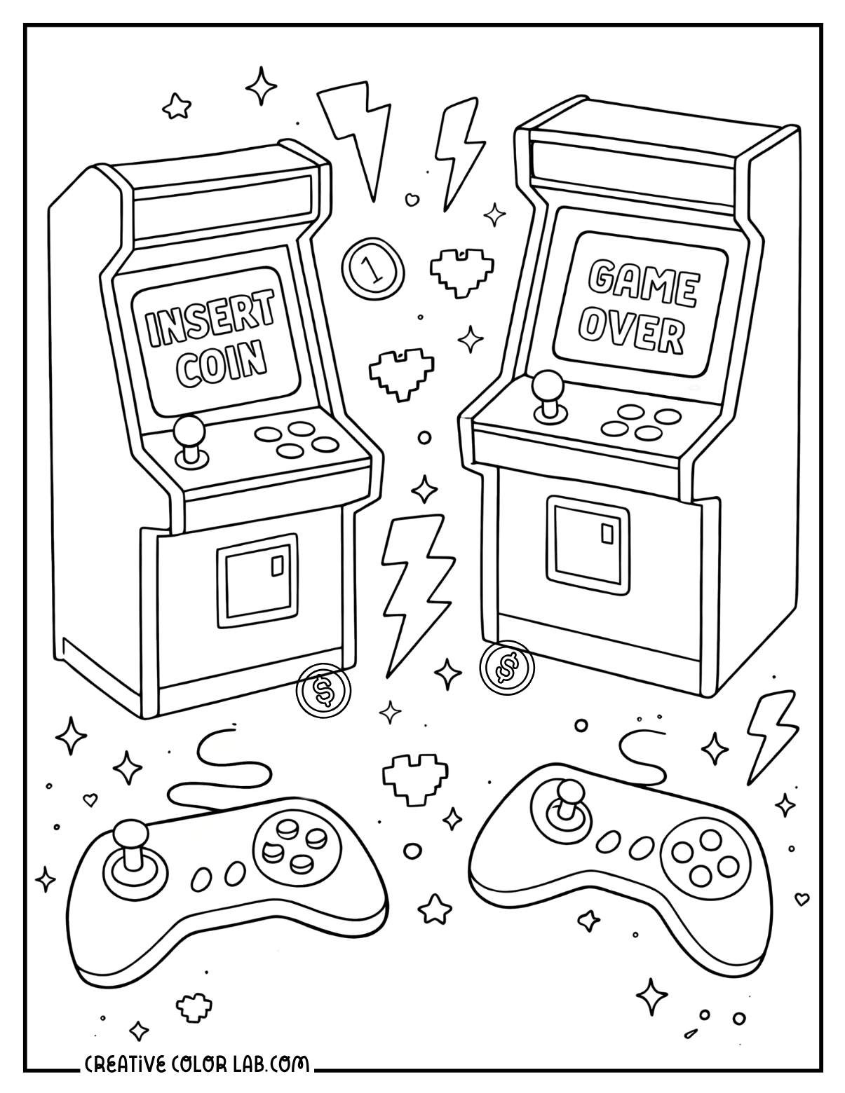A retro arcade with game machines coloring page.
