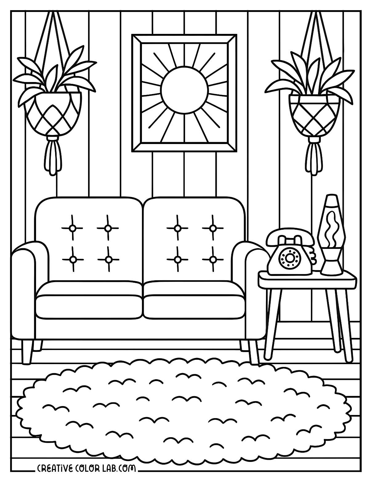 A mid century retro living room coloring page.