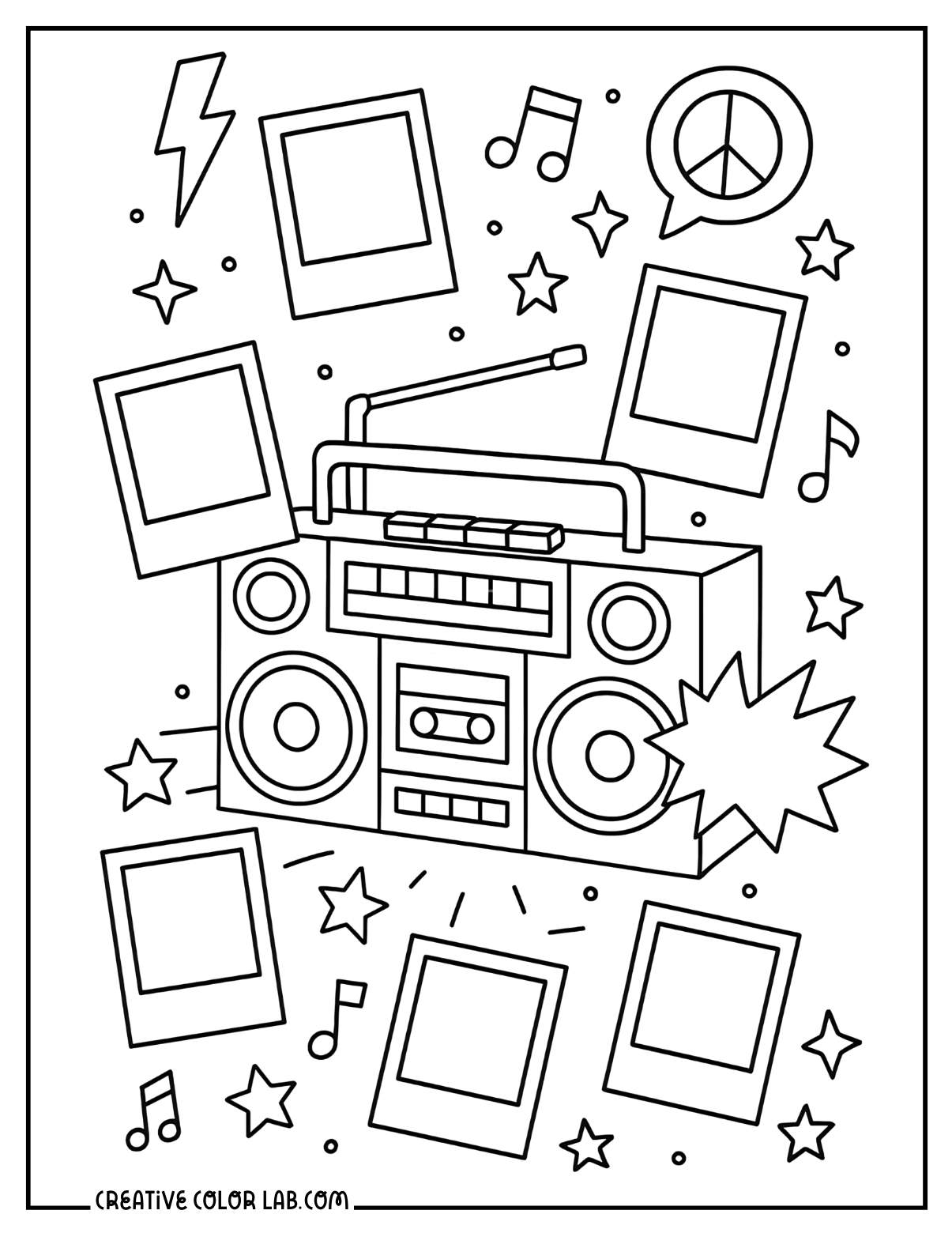 A boombox with printed instant film line art to color in.