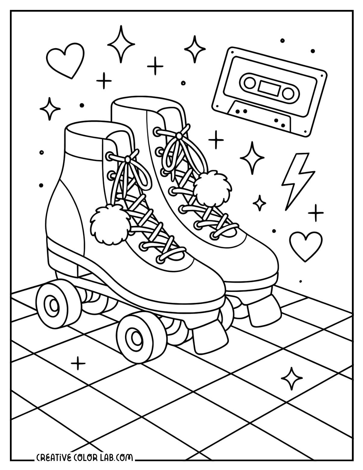A pair of roller skates with retro aesthetic coloring sheet.