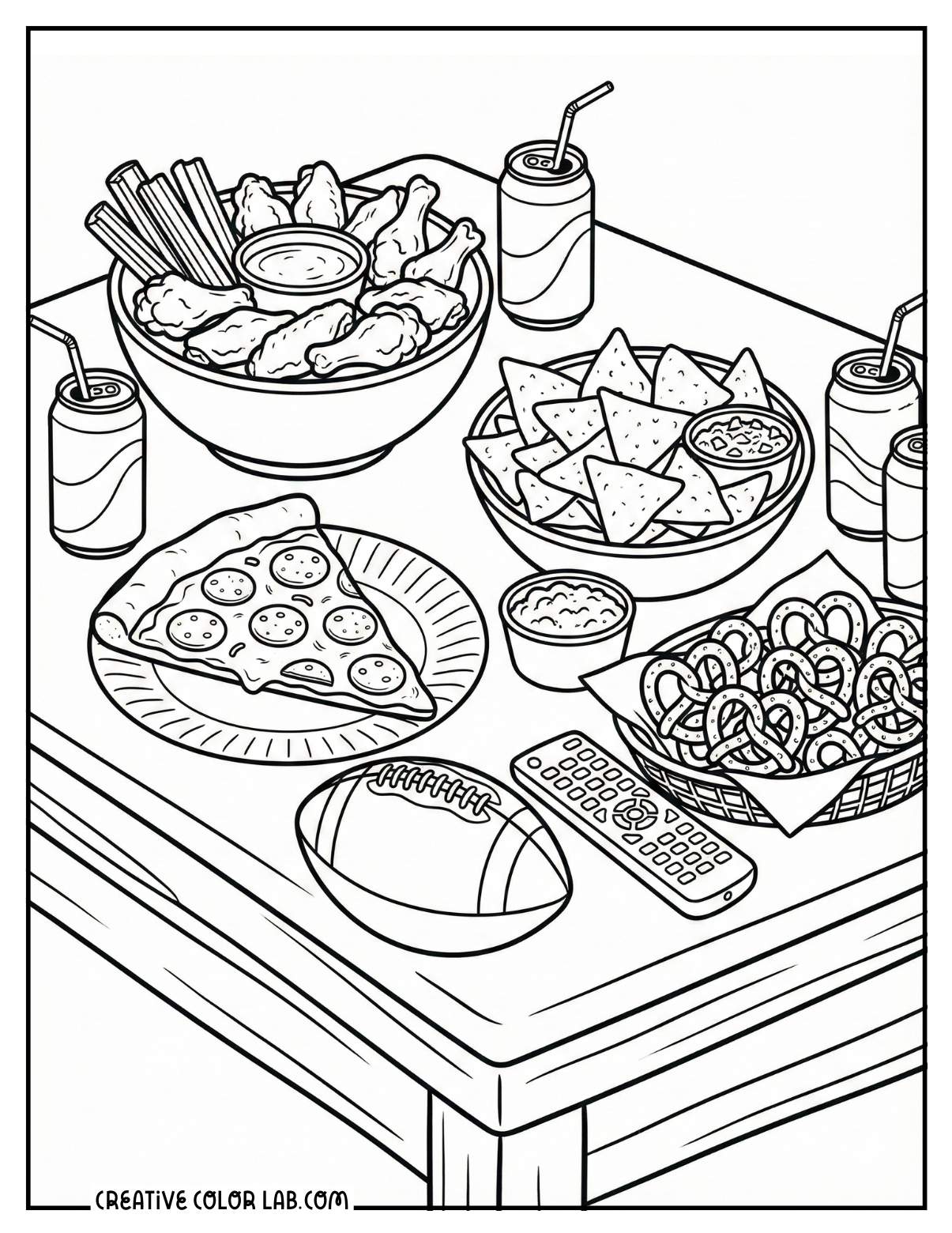 A super bowl snack table with pizza, wings, chips, and more coloring sheet.