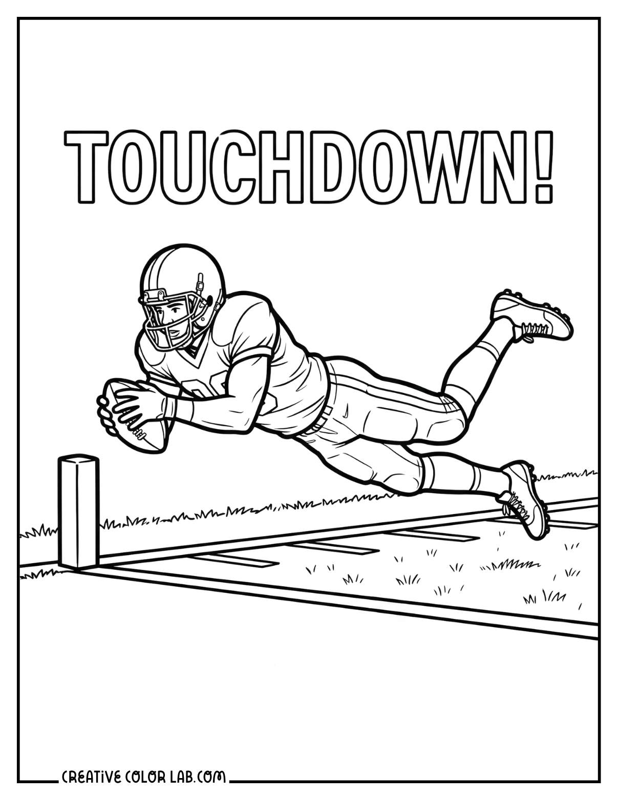 A touchdown dive by a tight end at the end zone coloring page.