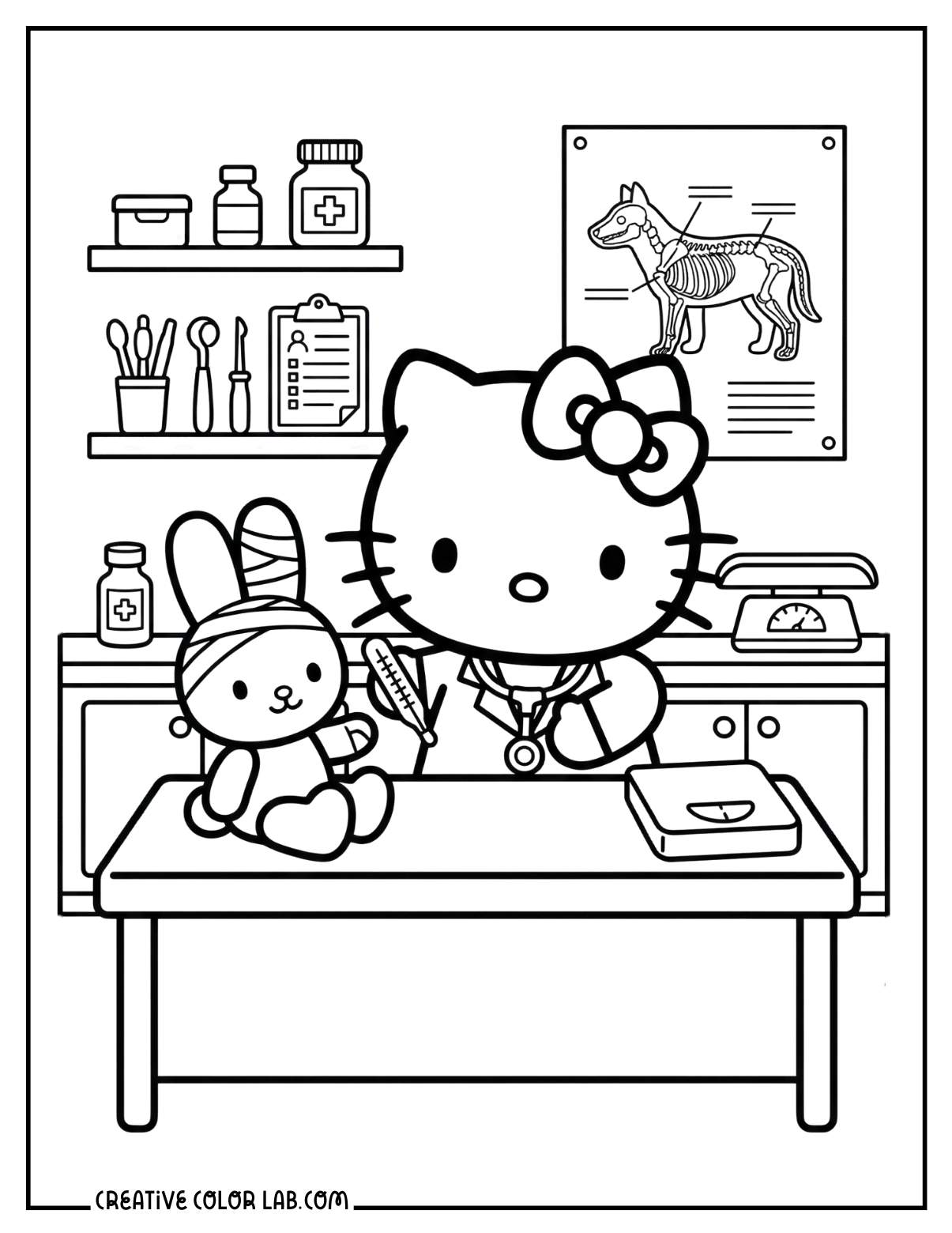 Hello kitty as a veterinarian in an animal care picture to color.