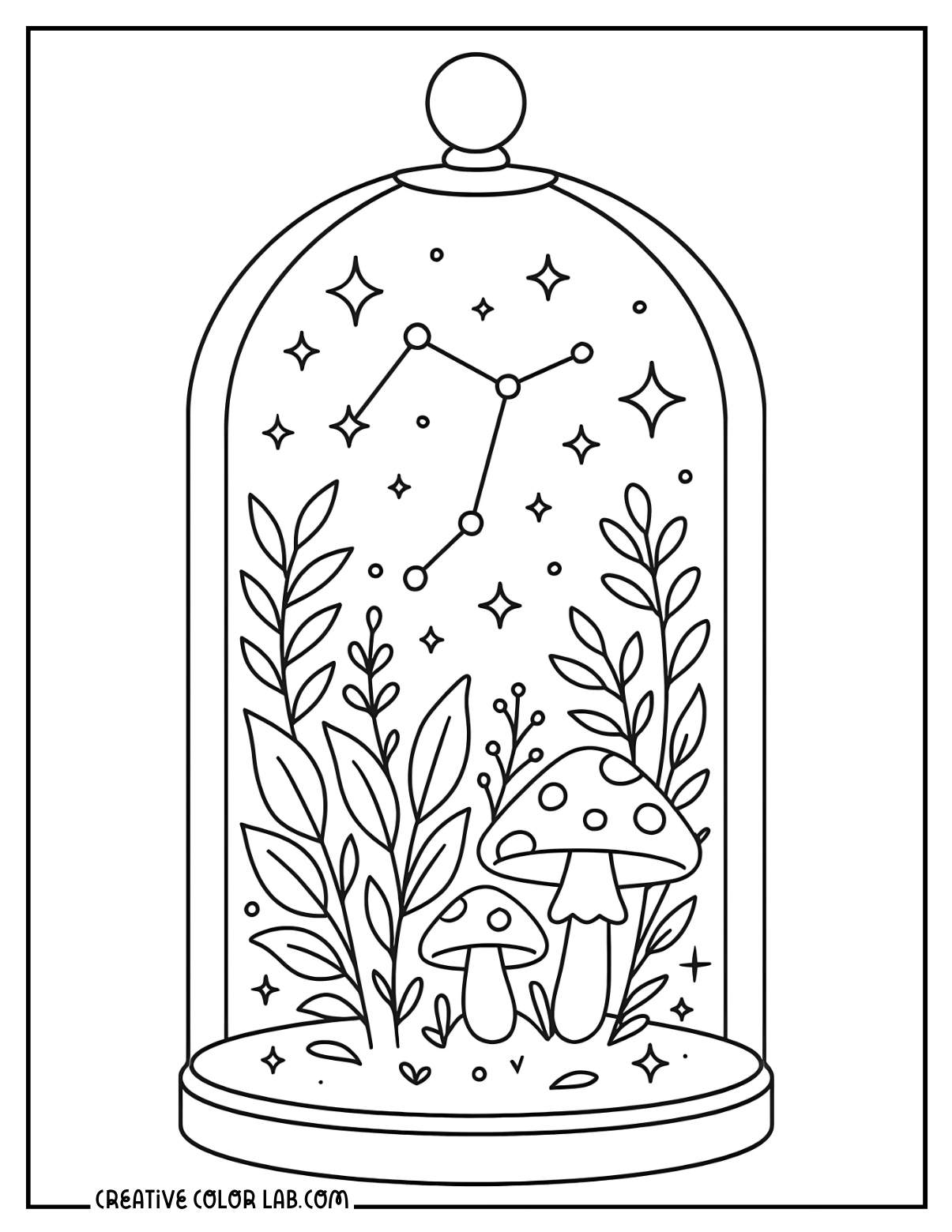 A whimsical mushroom terrarium coloring sheet.
