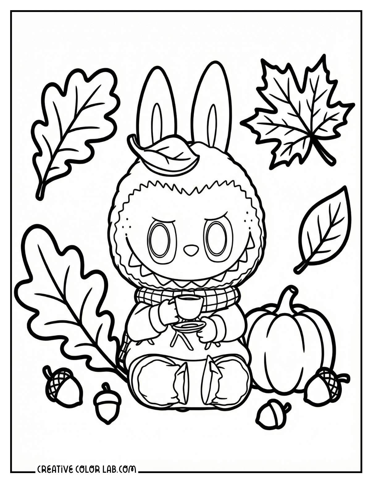 A Zimomo warm sweater figure with fall leaves coloring page.