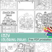 A 9 photo grid of the printable cozy coloring pages grid pins.