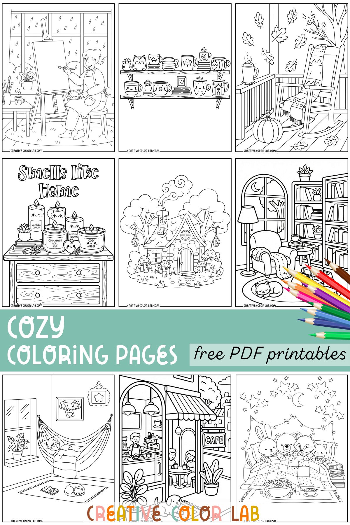 A 9 photo grid of the printable cozy coloring pages grid pins.