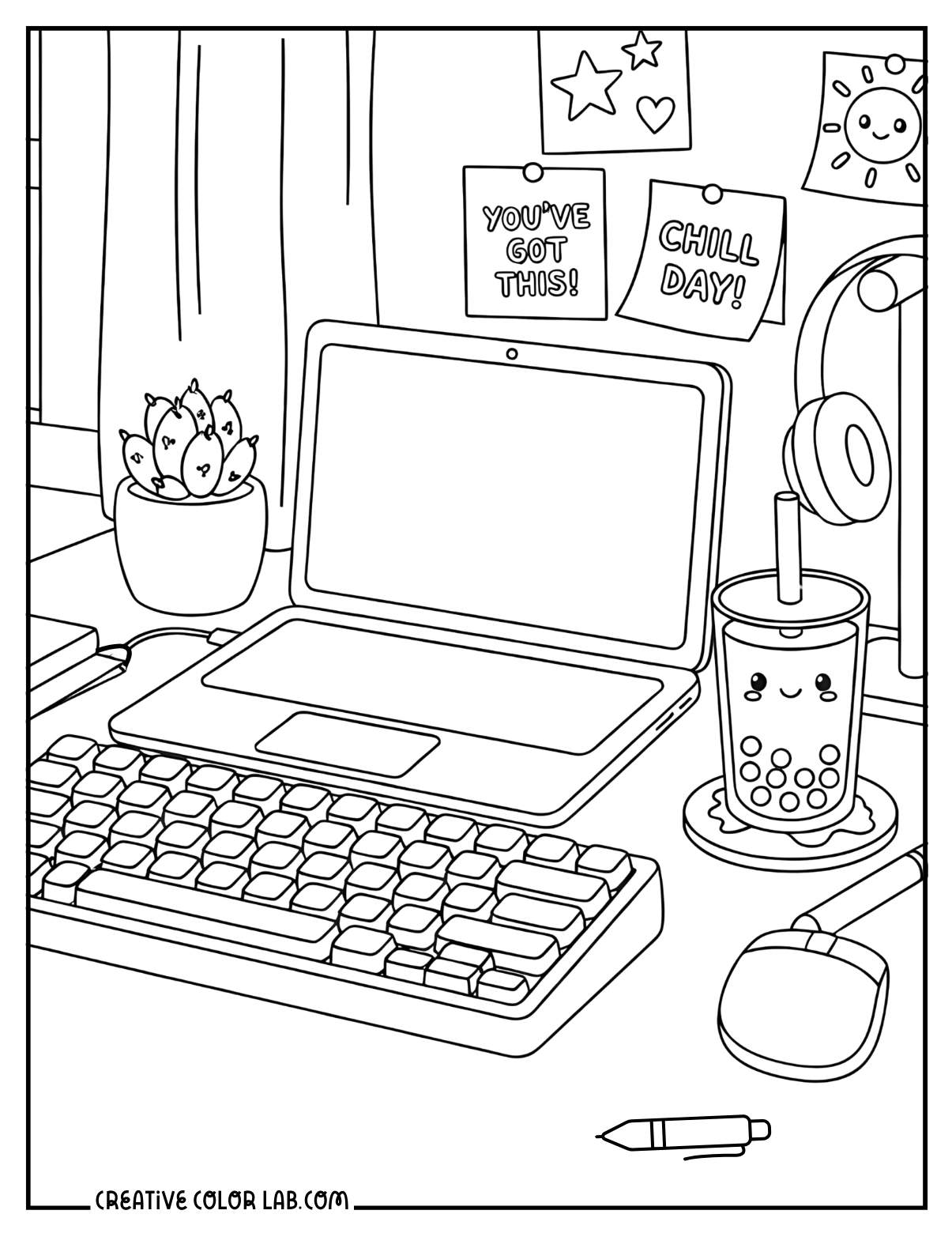 An aesthetic desk setup picture to color.