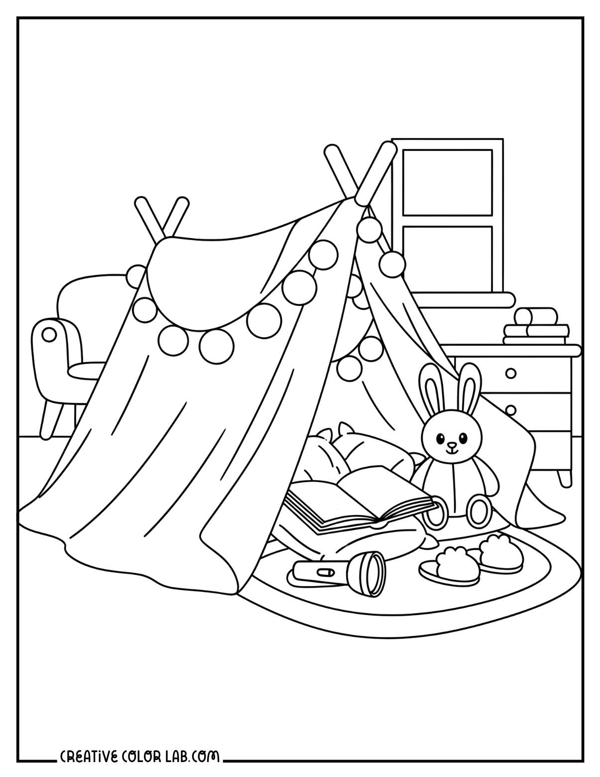A blanket fort with indoor camping line art to color in.
