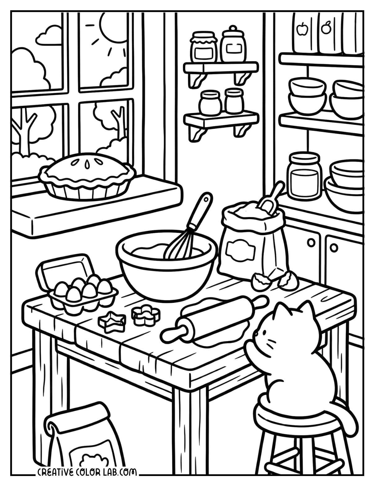 A kitchen with baking essentials with cat line art to color in.