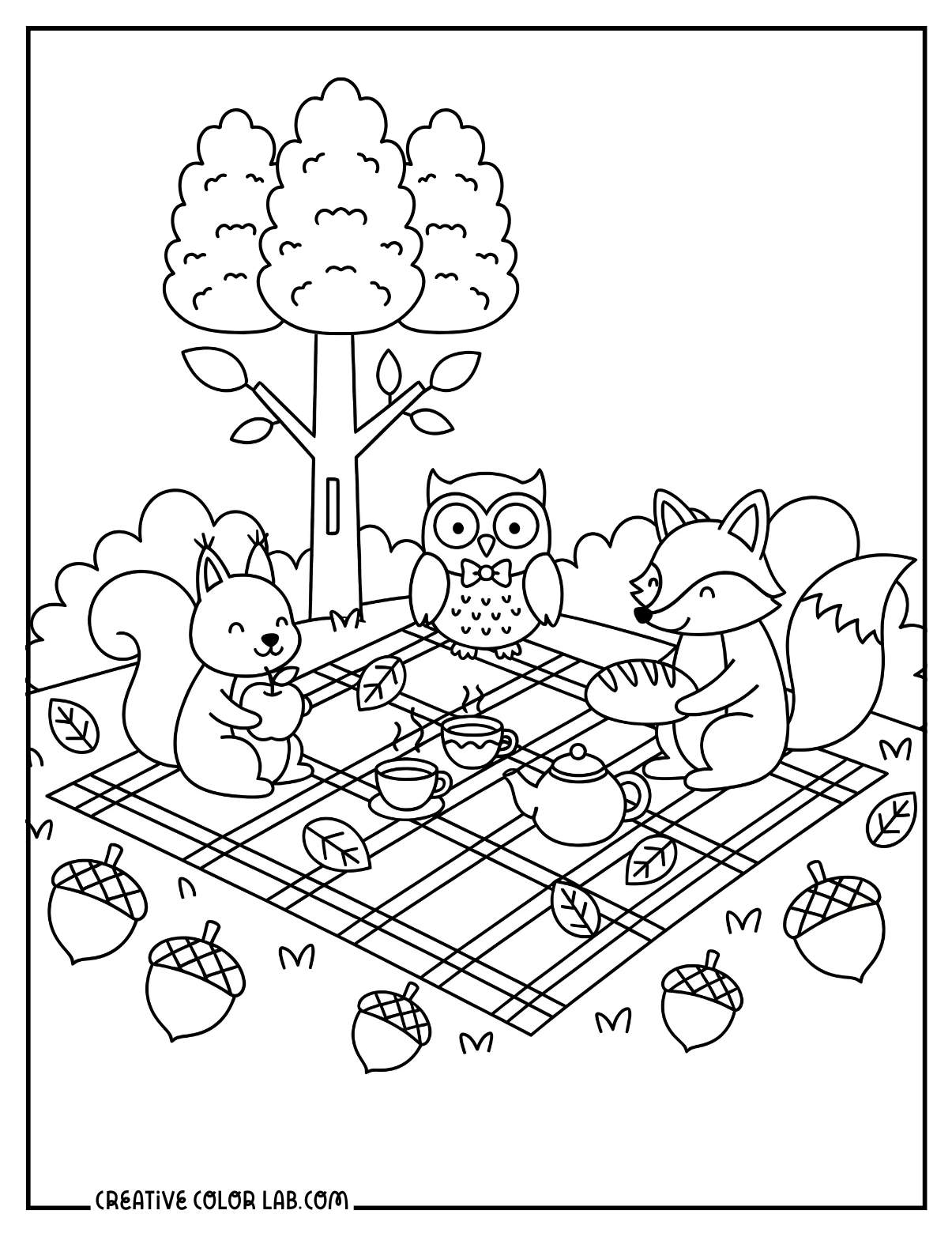 Forest animals picnic coloring sheet.