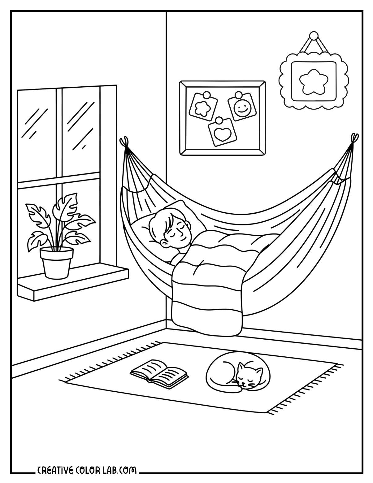 A boy sleeping on a hammock image to color.
