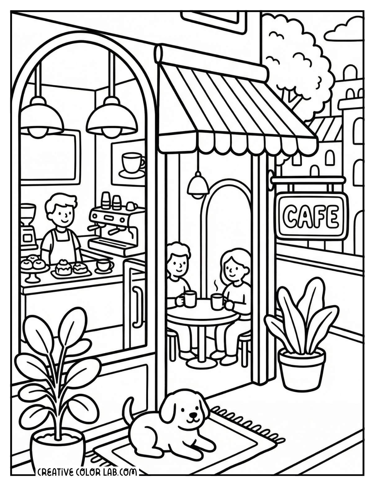 A cozy cafe image to color.