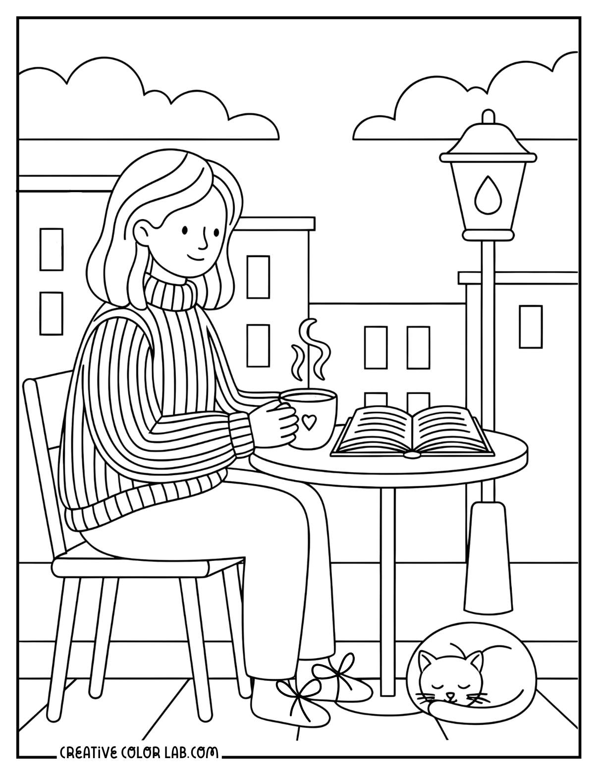 A woman reading outside with cat coloring page.