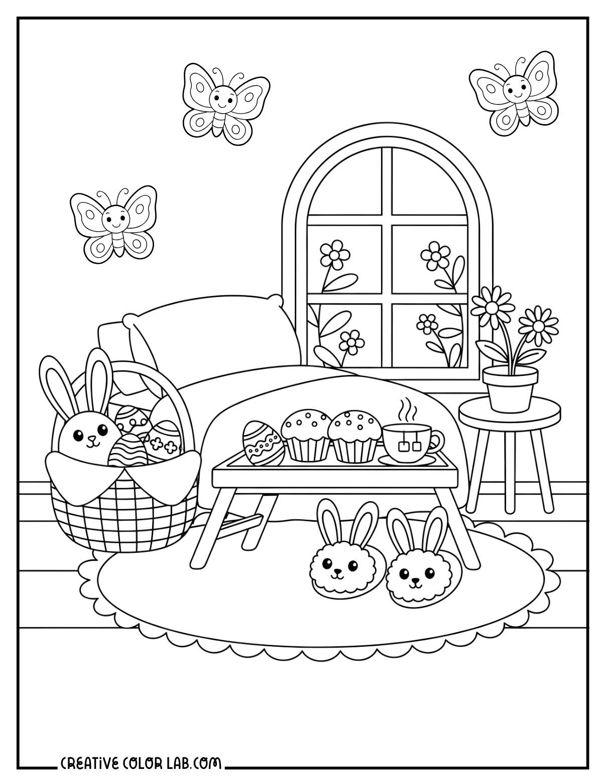Easter cozy bedroom with bunny coloring page.