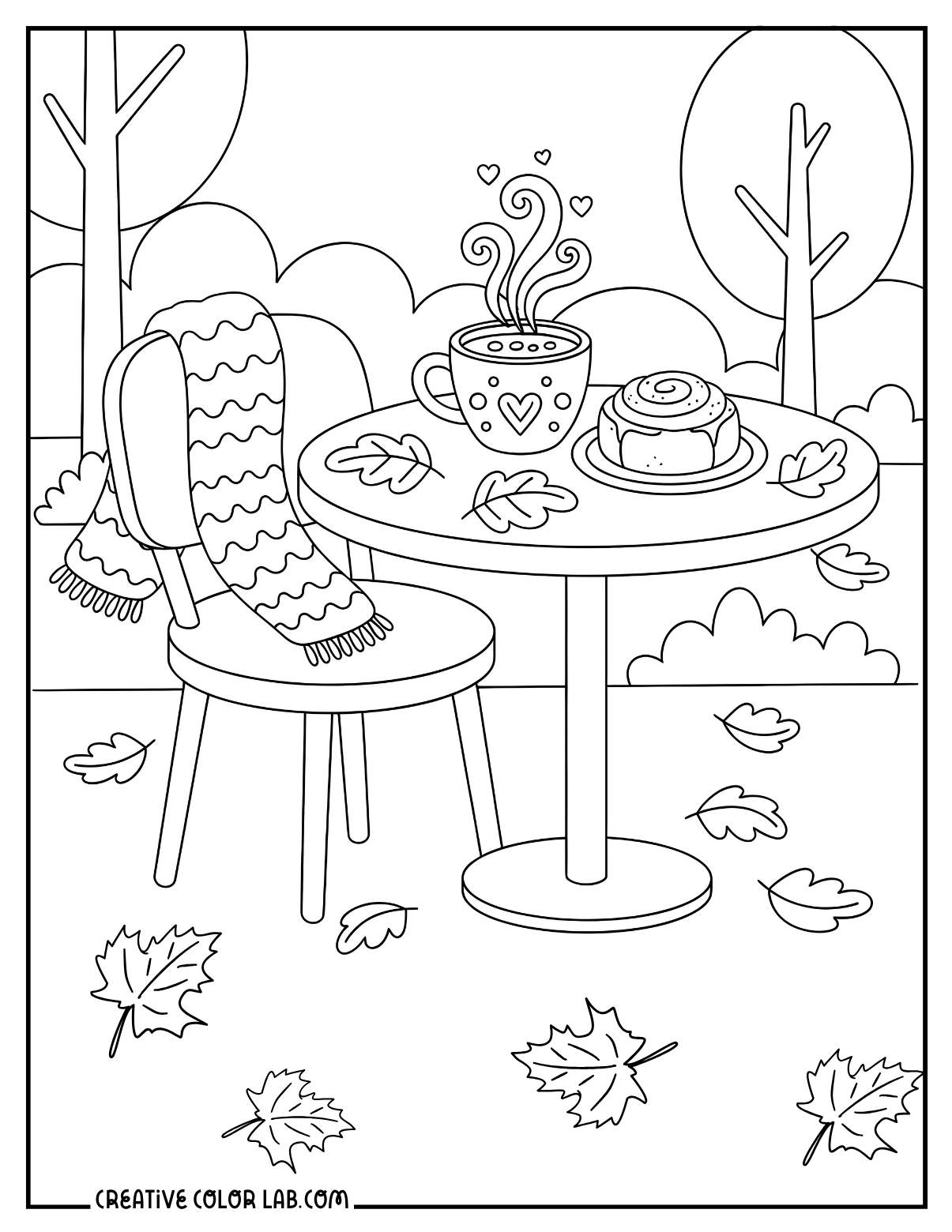 Fall cozy cafe table with latte and cinnamon roll line art to color in.