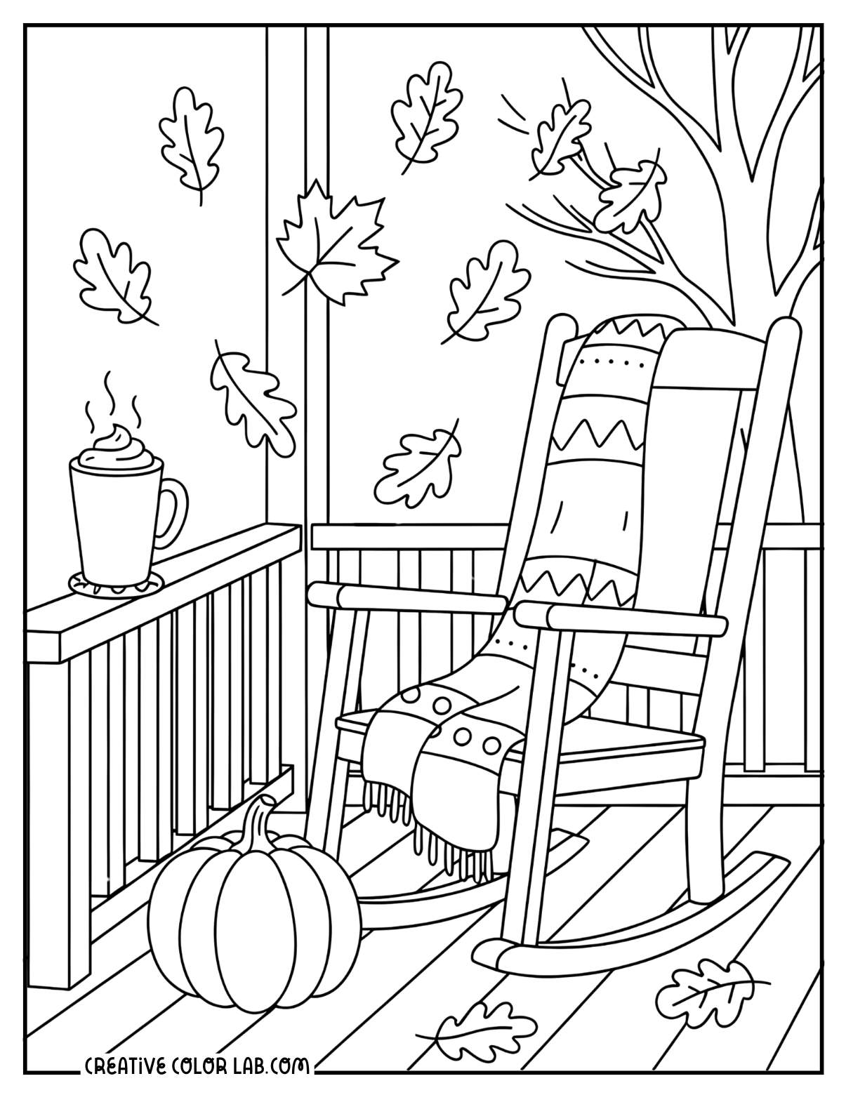 Fall cozy porch with rocking chair image to color.