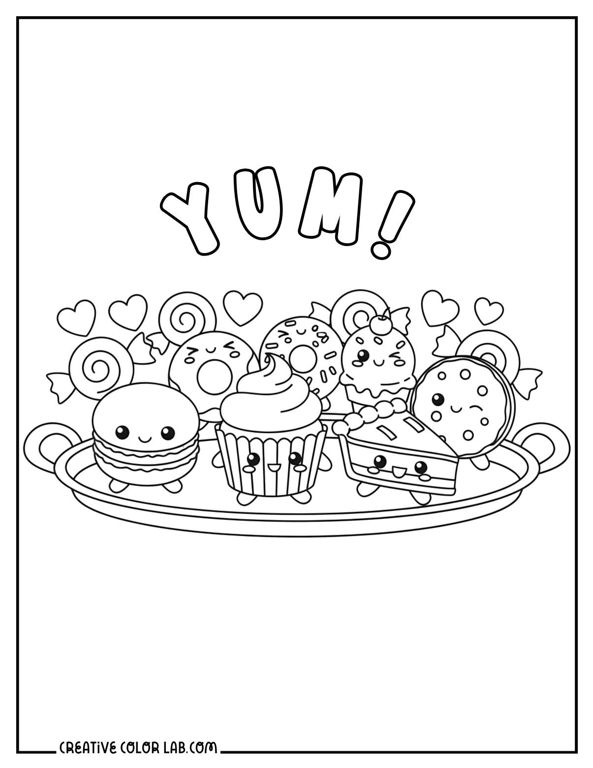 Kawaii desert tray of sweets image to color.