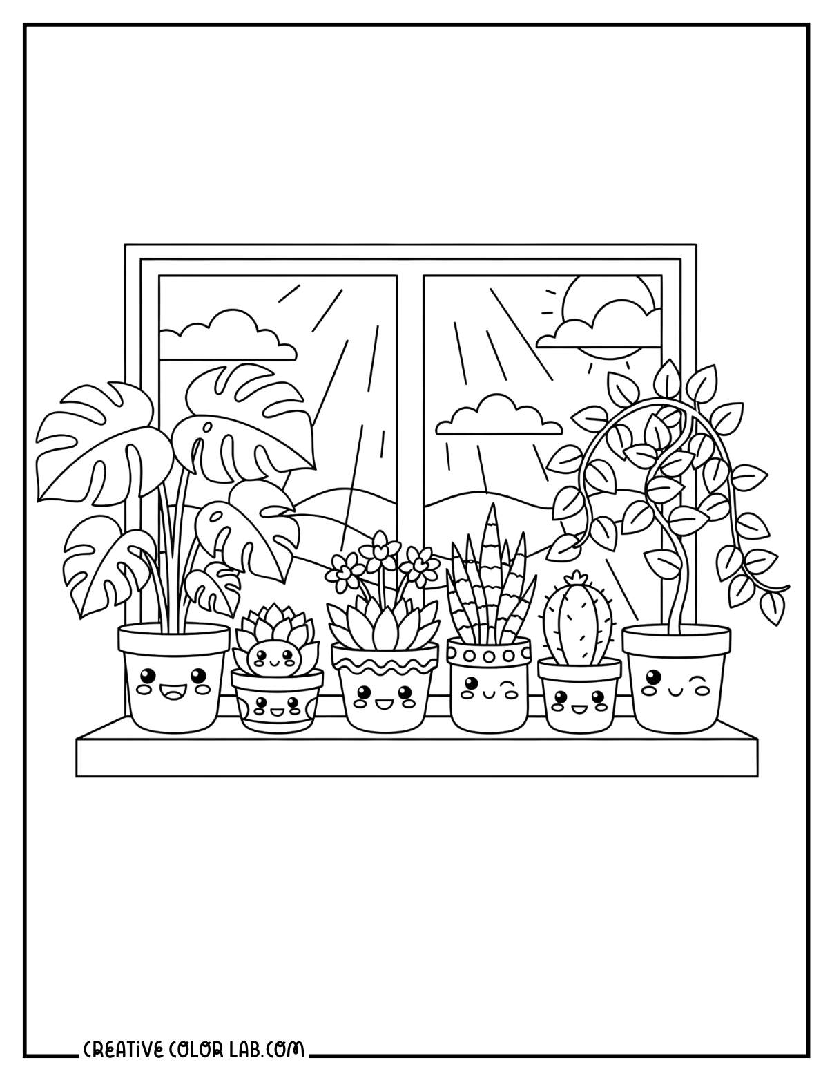 A kawaii window plants picture to color.