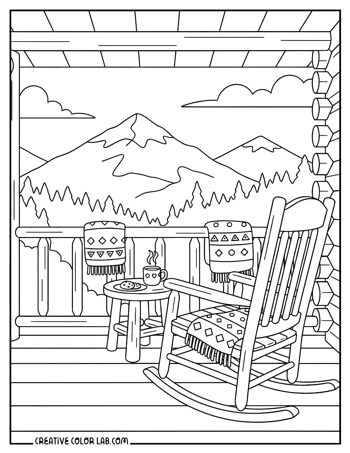A mountain cabin porch with a rocking chair image to color.