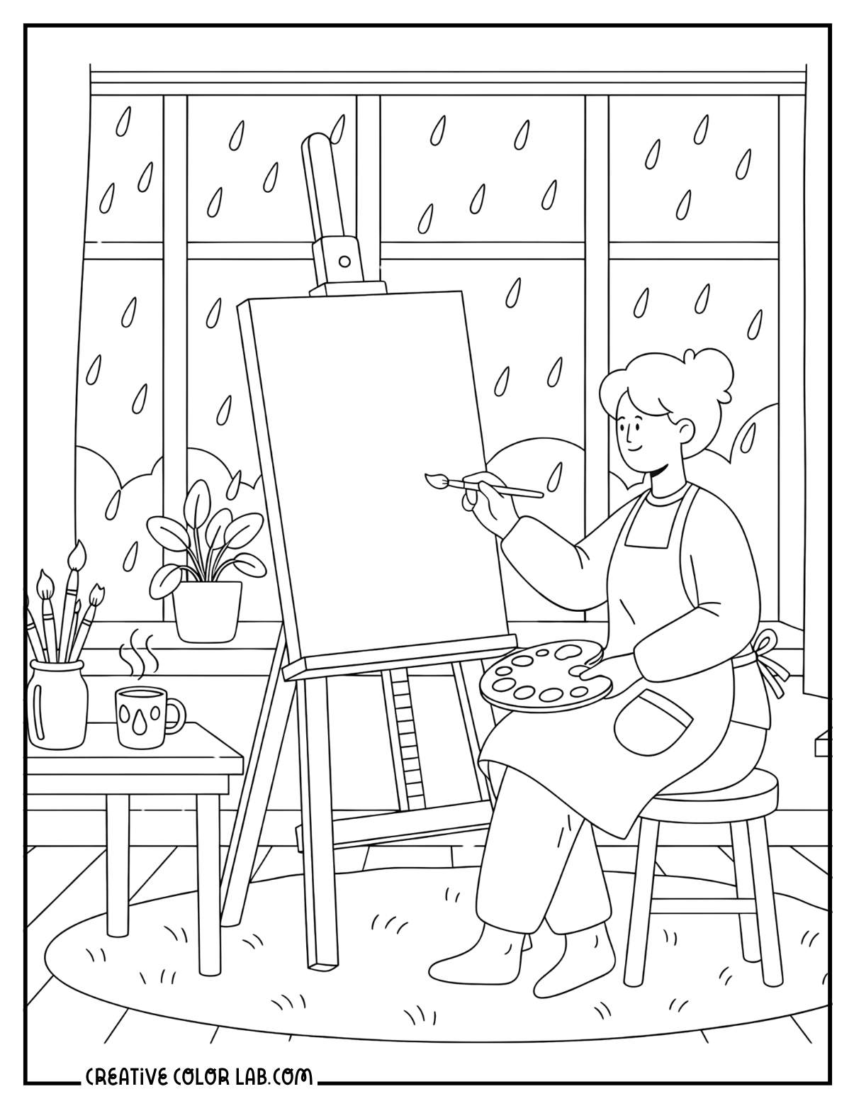 A woman painting in an art studio picture to color.