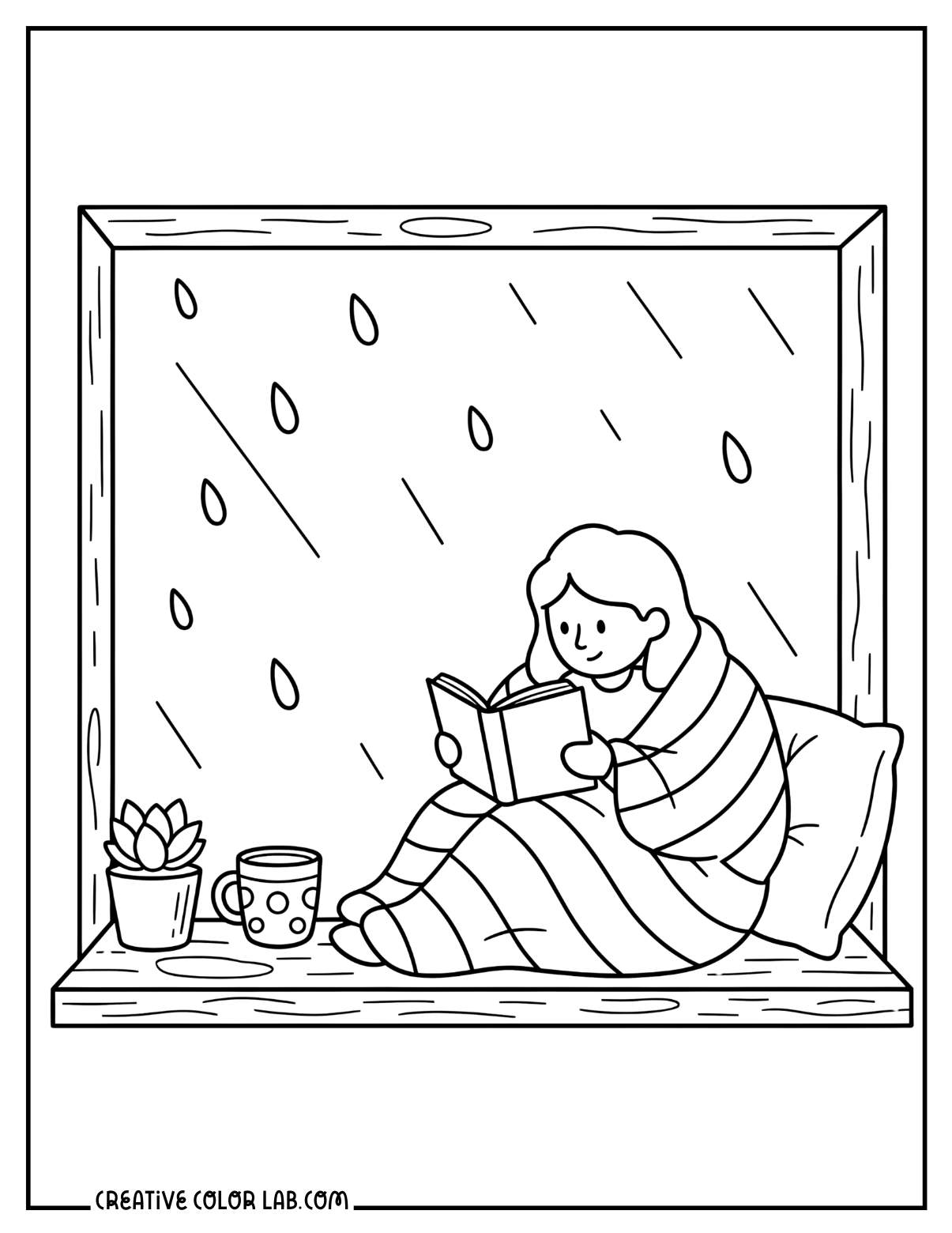 A rainy day reading by the window nook picture to color.