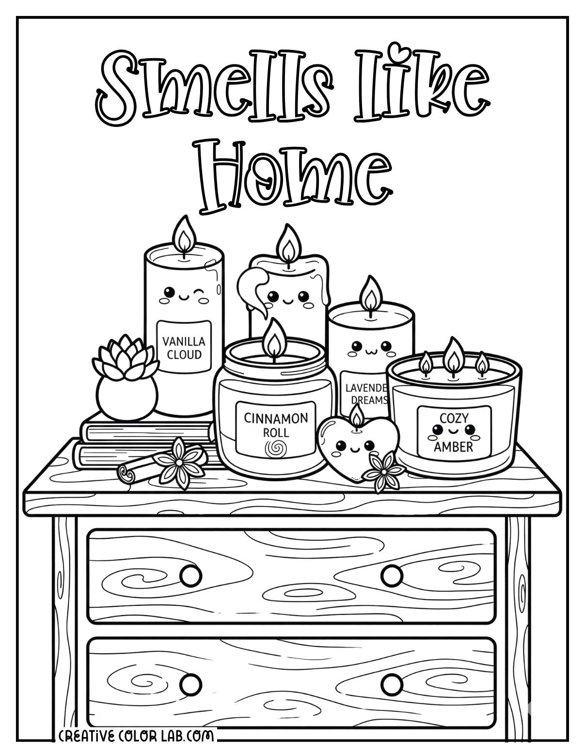 "Smells like home" cozy scented candles coloring page.