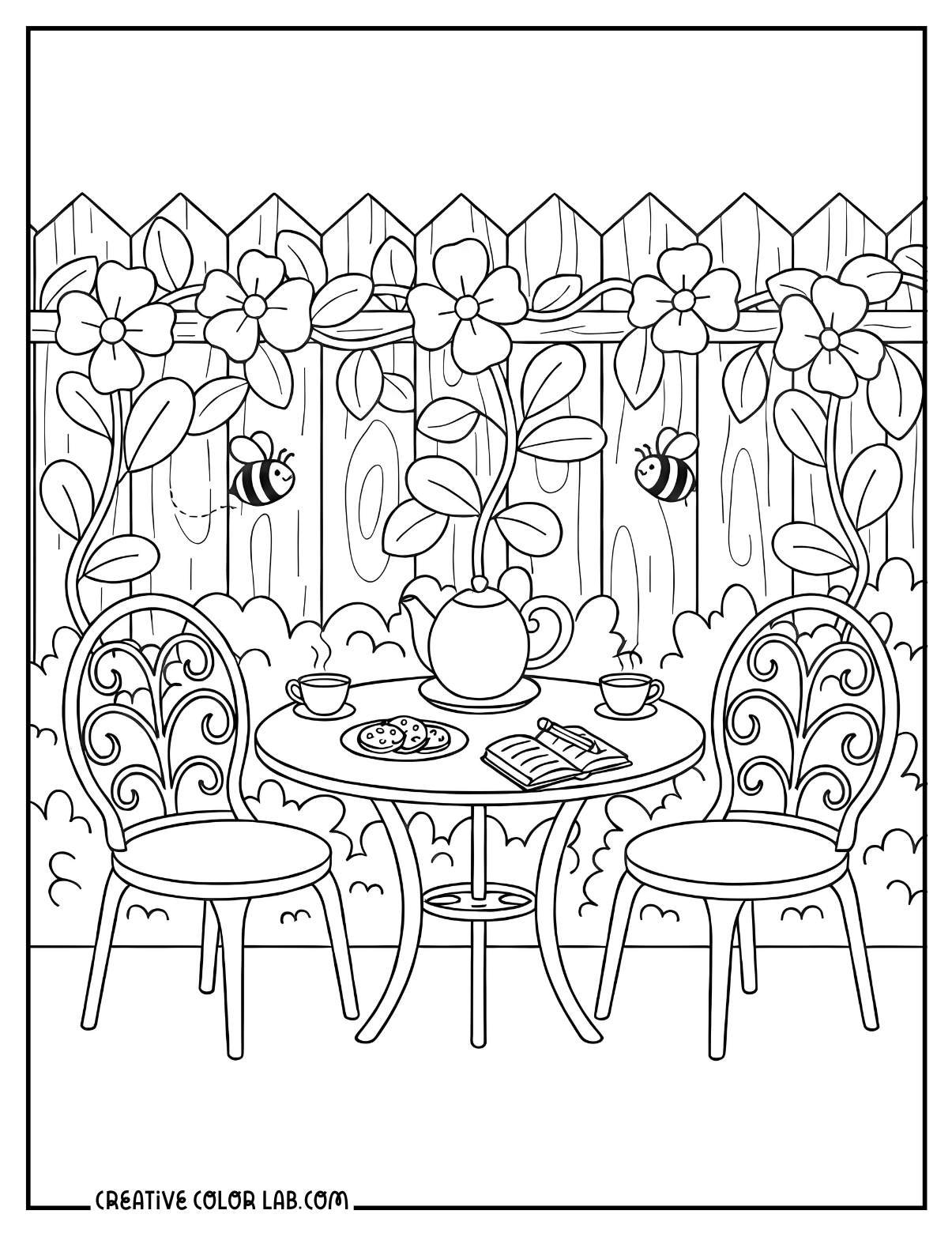 A spring garden tea party image to color.