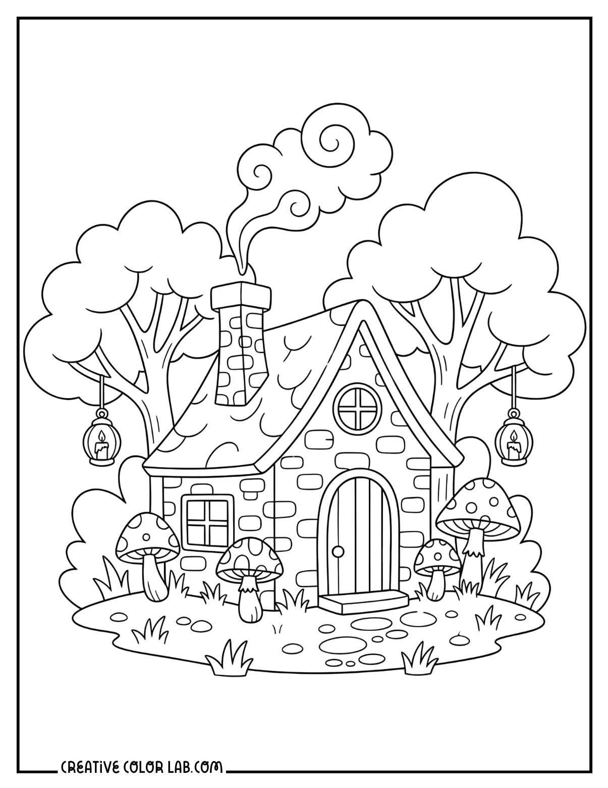 A whimsical forest cottage mushroom house picture to color.