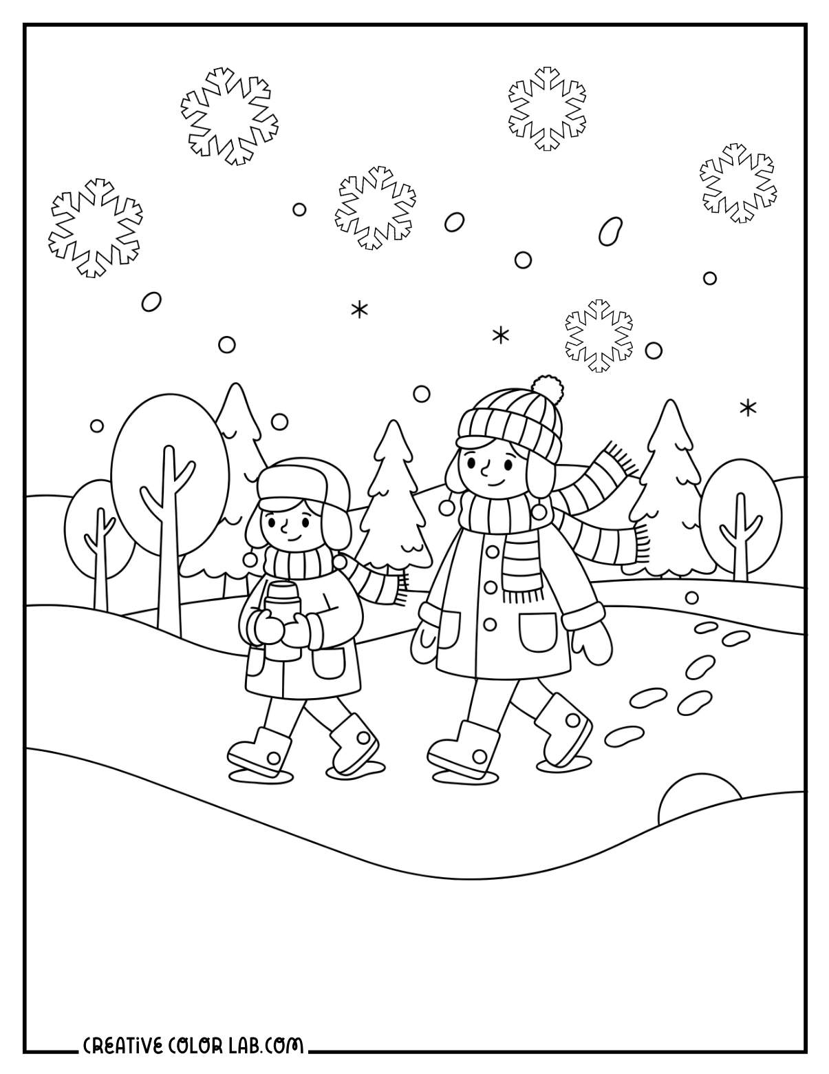 A mom and daughter walking in the snow line art to color in.