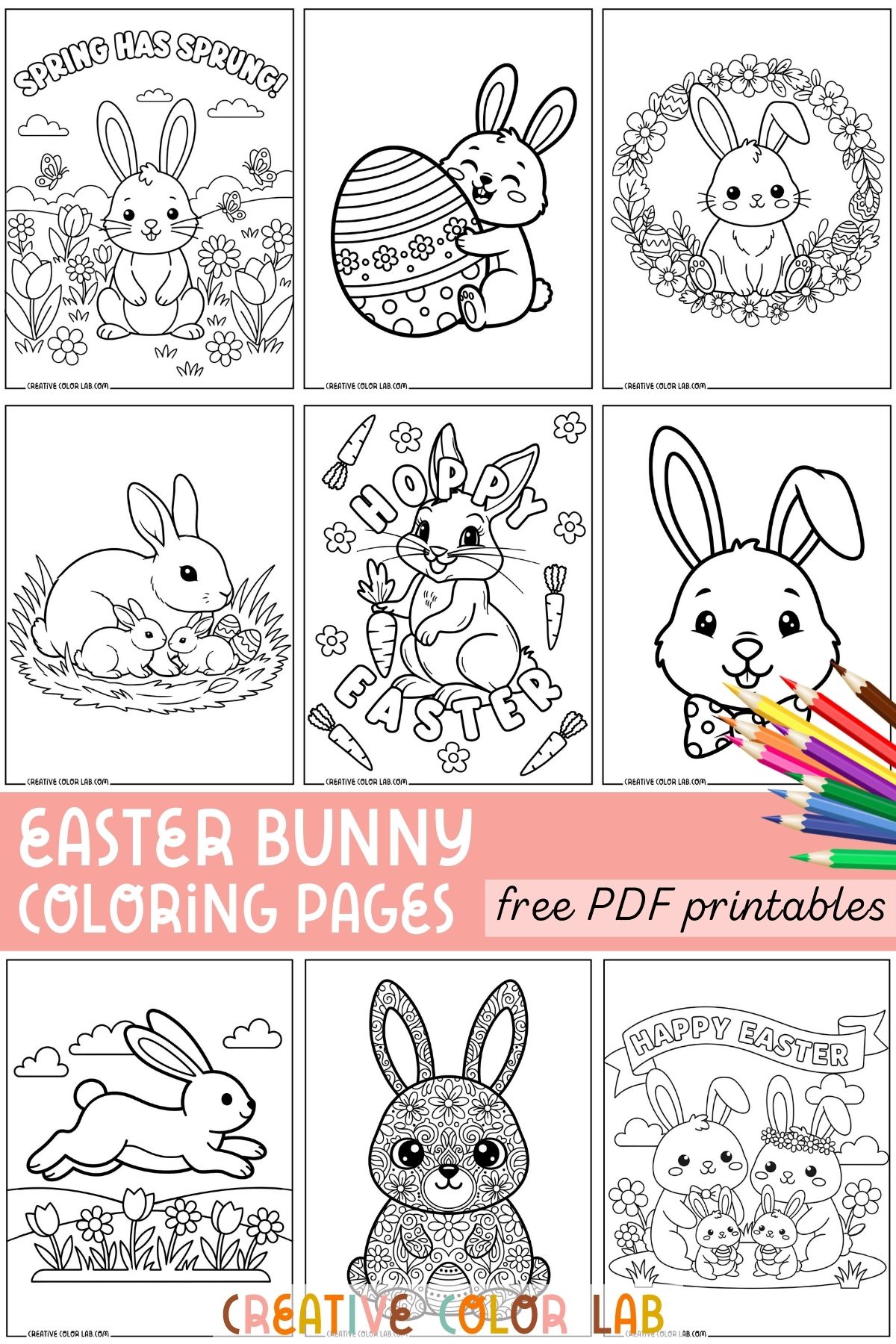 Cute easter bunny coloring pages nine-photo grid pins.