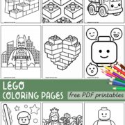 Nine photo grid of Lego coloring pages.