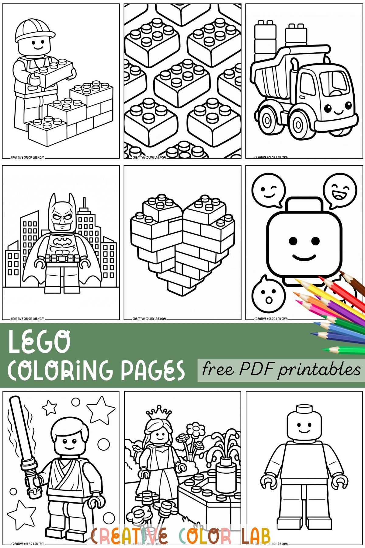 Nine photo grid of Lego coloring pages.