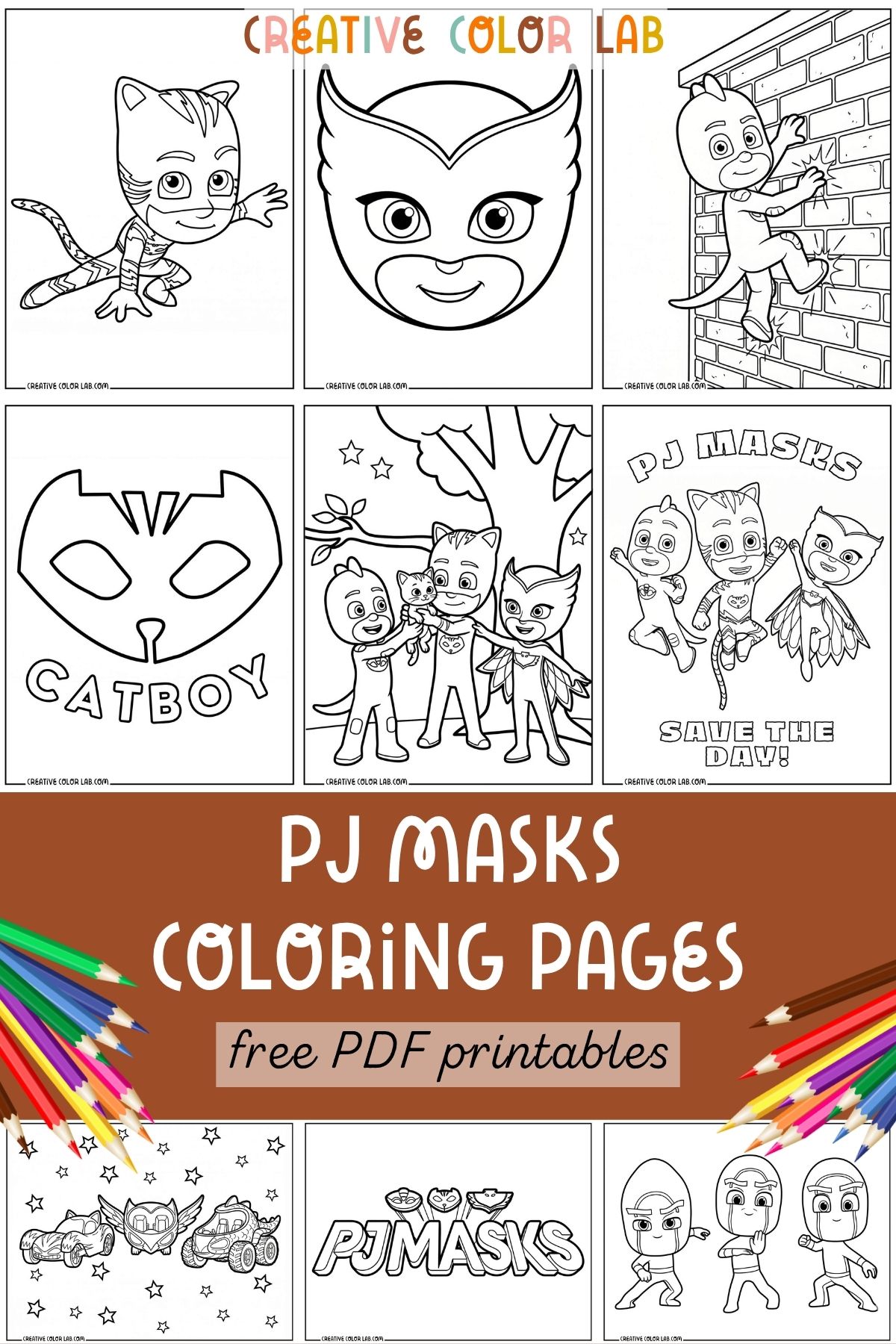 Grid of PJ Masks coloring pages featuring Catboy, Owlette, and Gecko characters.